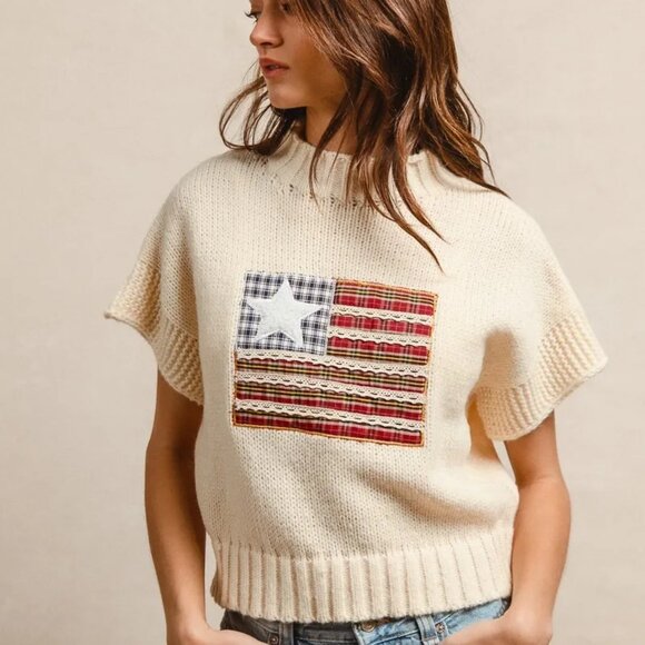 BiBi American Flag Patchwork Drop Shoulder‎ Sweater - Picture 3 of 15